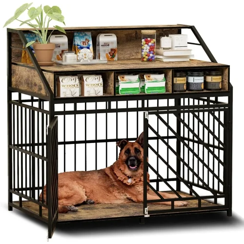 43.3‘’ Dog Furniture Crate with Drawers for Meduim Large Dogs Breeds, Wooden Steel Pet Kennel